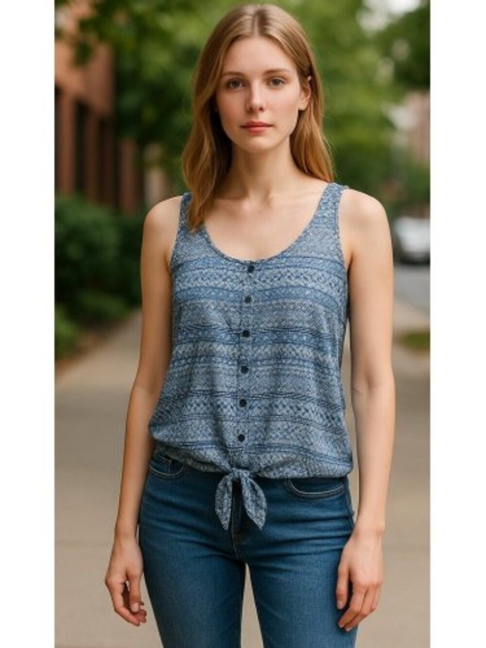 KINA Blue Print Tie Front Tank Crop Top Blouse Ladies Juniors XS